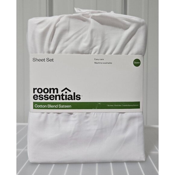 Room Essentials Easy Care Cotton Sateen Queen 4 Pc White Sheet & Pillowcase Set - Picture 1 of 8